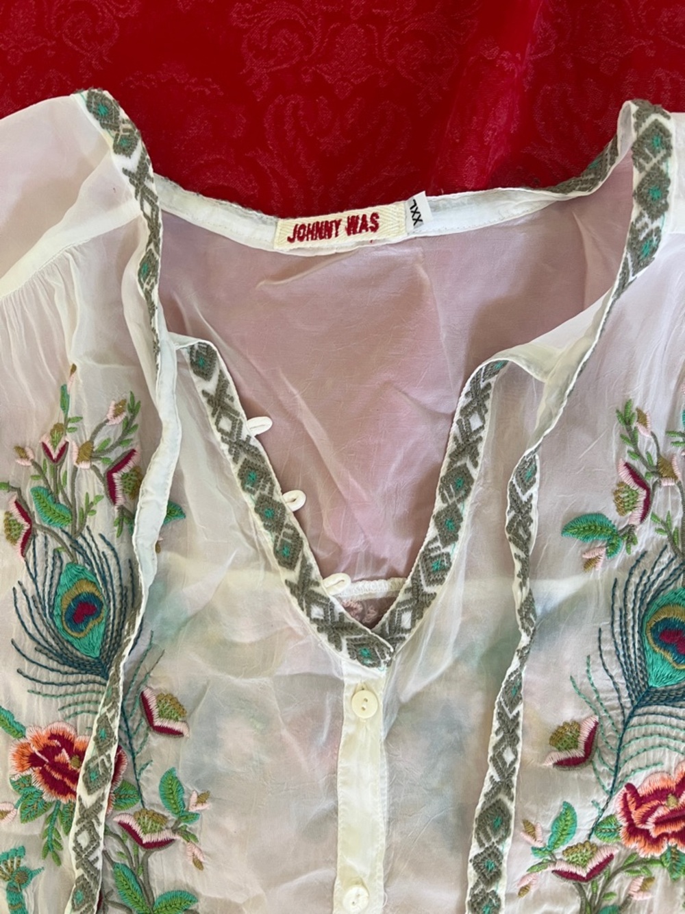 Johnny Was White Embroidered Peasant Blouse Peacock Floral XXL - Picture 6 of 9